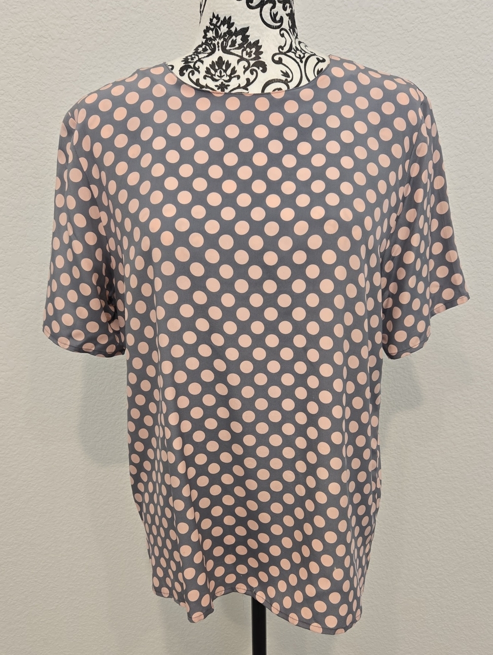 Polka Dot Short Sleeve Blouse — Pink Dots on Gray